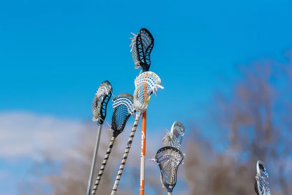 Many lacrosse sticks being held up in the air