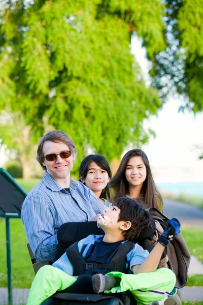 Disabled boy in wheelchair with family outdoors on sunny day sit