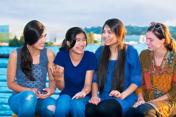 Group of four young women talking together by lake