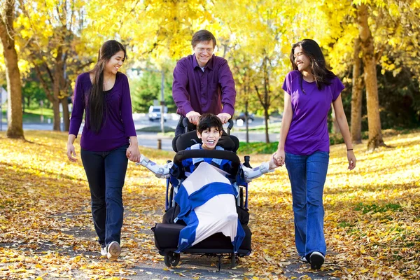 Family with disabled child in wheelchair walking among autumn le