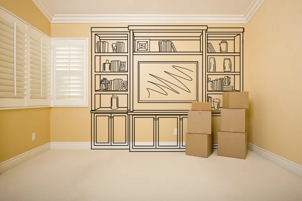 Boxes in Empty Room with Shelf Design Drawing on Wall