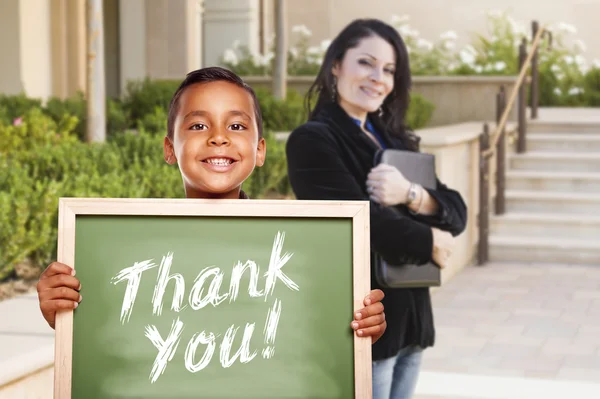 Boy Holding Thank You Chalk Board with Teacher Behind