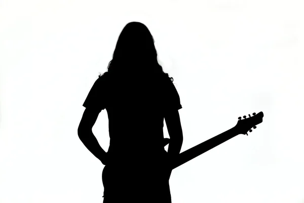 Silhouette of a young man or girl playing guitar as logo. Isolated on white background