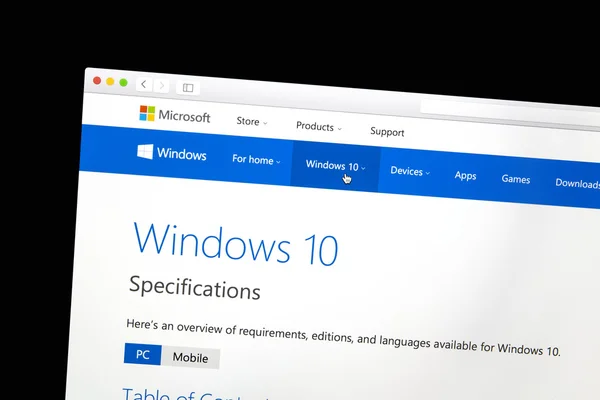 Windows 10 website on a computer screen