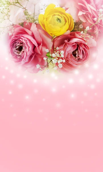 Valentine card with flowers on pink background