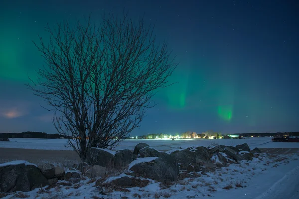 Northern lights over country landscape