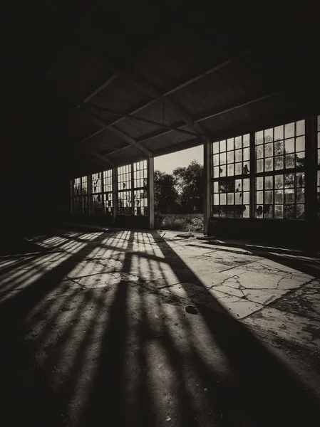Abandoned empty factory building on sunny summe day