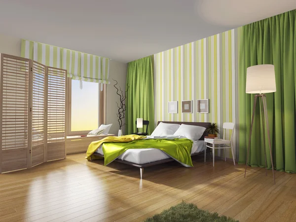 Modern bedroom interior with green curtain