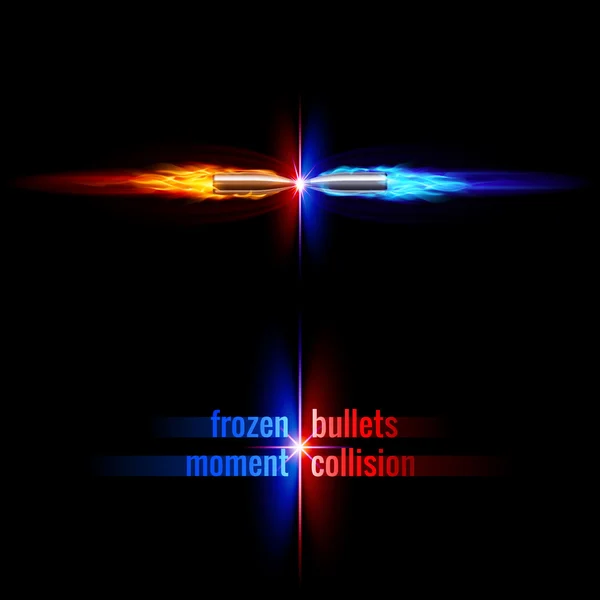 Frozen moment of two bullets collision in orange and blue flame