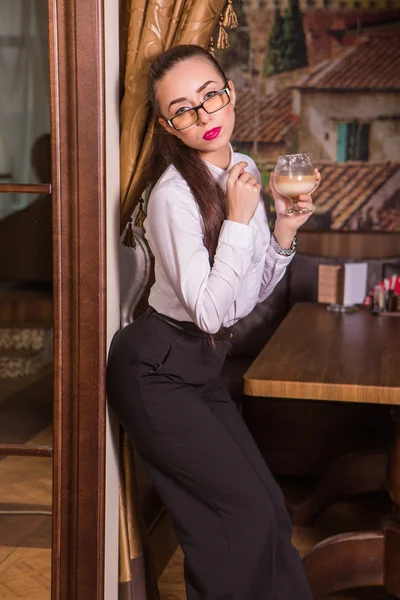 Business woman portrait with glass of coffee drink.