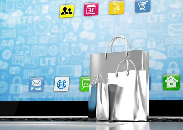 Laptop and shopping bags