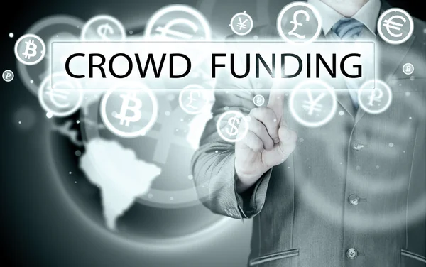 Businessman pushes virtual crowd funding button