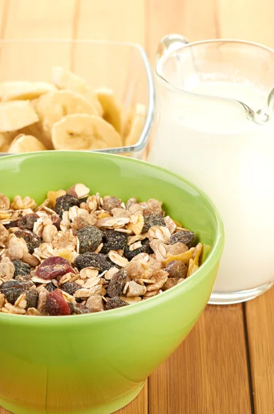 Delicious and healthy cereal in bowl with milk