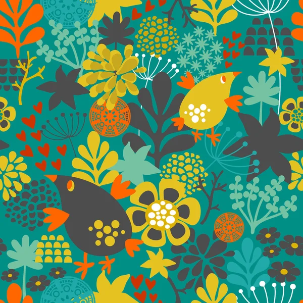 Seamless pattern with vintage flowers and birds.