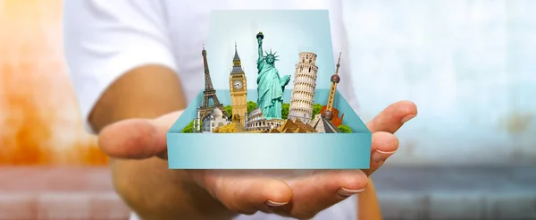 Young man holding travel box in his hand