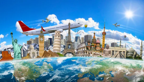 Famous landmarks of the world grouped together on planet Earth