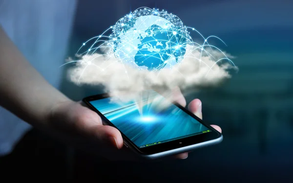 Digital world in a cloud connected to businesswoman mobile phone