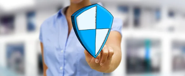 Businesswpman touching hand drawn shield safe protection icon