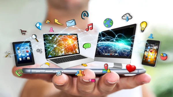 Businessman connected tech devices and icons applications