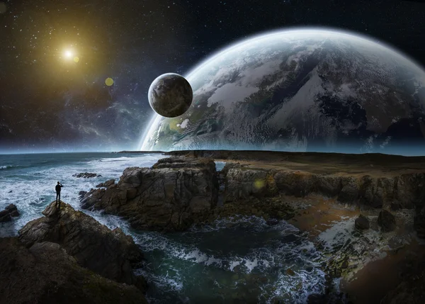 View of distant planet system from cliffs 3D rendering elements of this image furnished by NASA