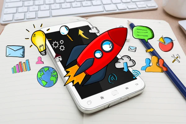 Red hand drawn rocket with icons on office background