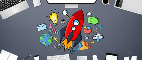 Red hand drawn rocket with icons on office background