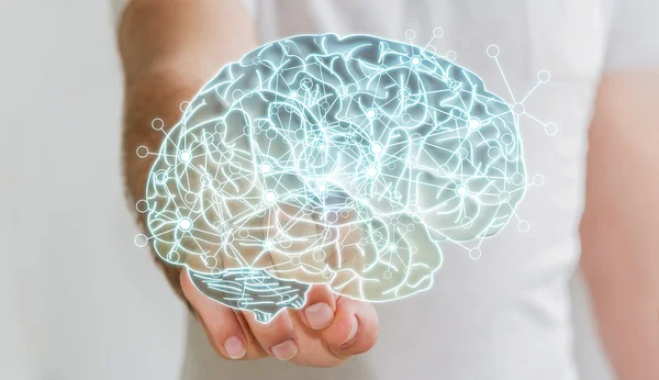 Man touching x-ray human brain with his finger