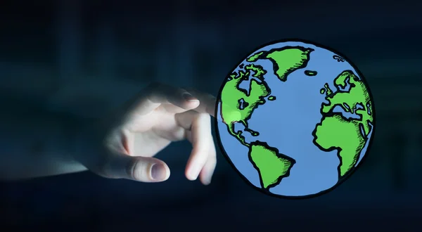 Businesswoman holding hand drawn planet earth