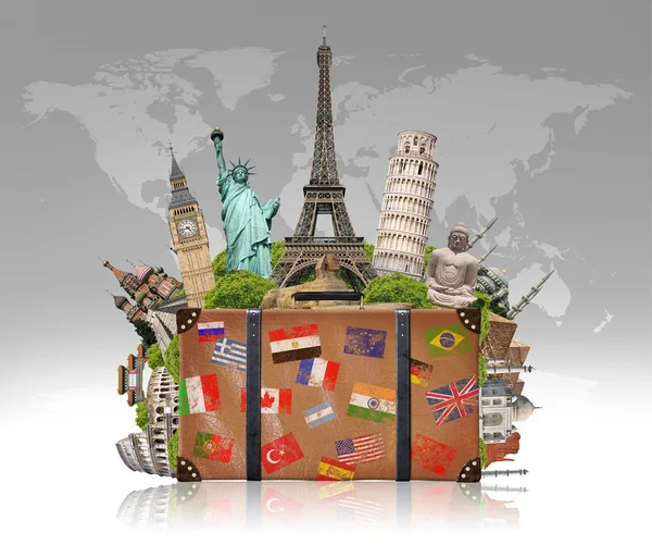Illustration of a suitcase full of famous monument