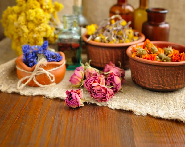 Healing herbs and tinctures in bottles on sackcloth, dried flowers, herbal medicine