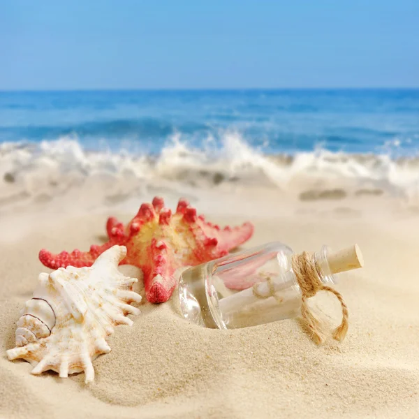 Summer sandy beach concept with letter in bottle