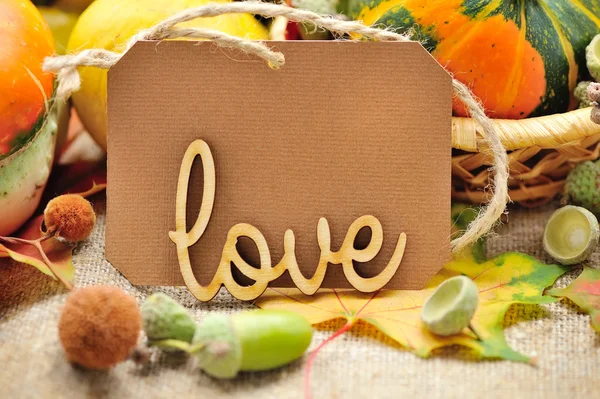 Word LOVE on the background of the label with autumn leaves and