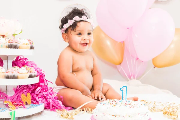 Baby Girl With Cake and Balloons