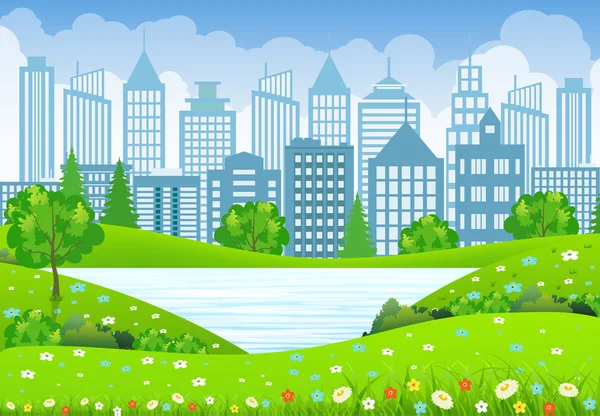 Green City Landscape with tree lake and flowers