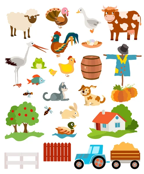 Set of farming live animals, birds, objects, farmhouse, tress, s