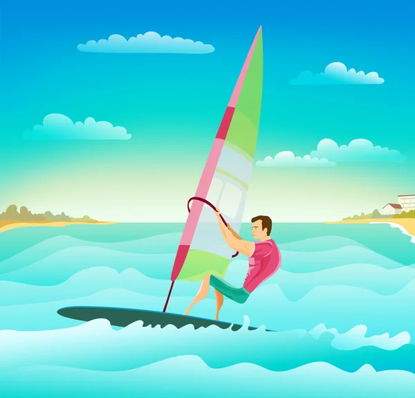 Cartoon with windsurfing athletic man on ocean waves. stylish su