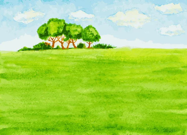 Watercolor landscape with trees, green field and sky. vector ill