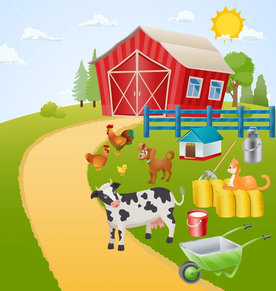 Farm illustration with animals, birds and items