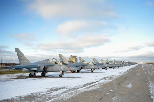 VORONEZH, RUSSIA - DECEMBER 12: combat Training Yak-130 aircraft perform training flights at the airport December, 12, 2013 in Voronezh, Russia