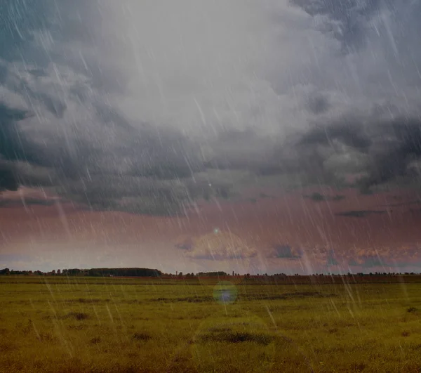 Landscape of rain over country field