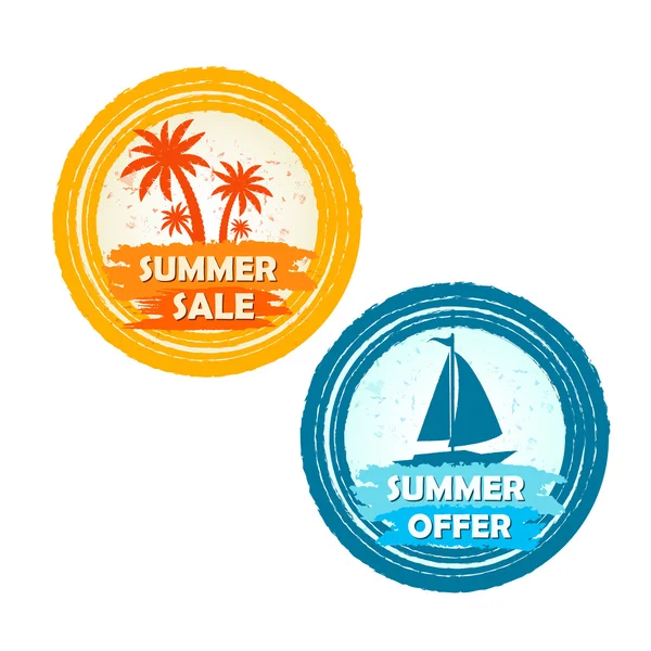 Summer sale and offer with palms and boat signs, round drawn lab
