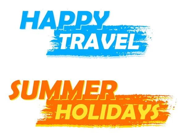 Happy travel and summer holidays, blue and orange drawn labels,