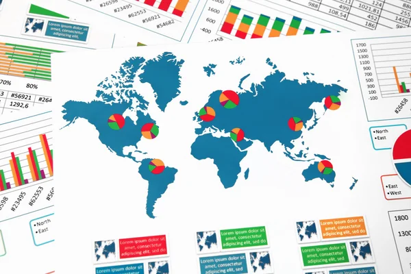 World map with charts, graphs and diagrams