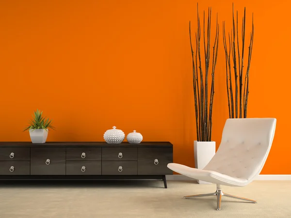 Part of interior with white armchair and orange wall 3D renderin