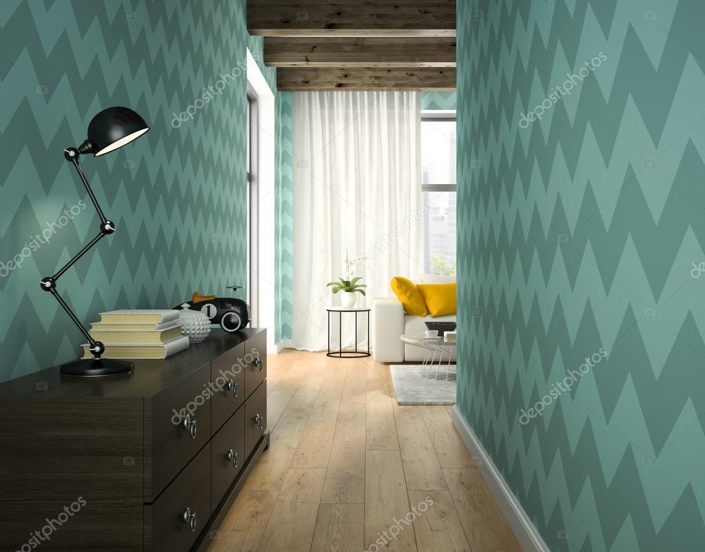 Interno del corridoio con carta da parati blu rendering 3d — foto ...