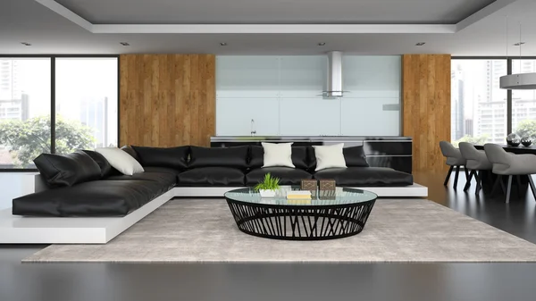 Interior modern design loft with black sofa 3D rendering