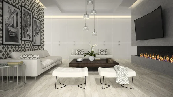 Interior of living room with stylish wallpaper 3D rendering 3