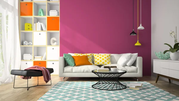 Interior of modern design room with purple wall 3D rendering 2