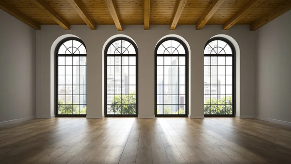 Empty loft room with arc windows 3D rendering 3