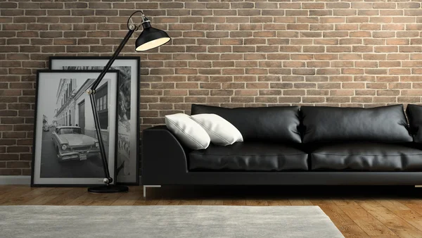 Part of  interior with brick wall and black sofa 3D rendering